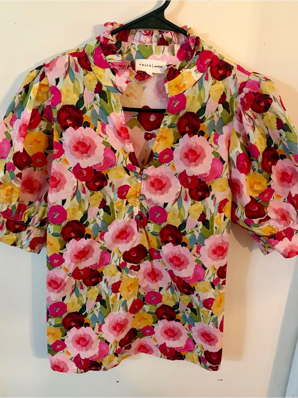 entro Bright Floral Ruffled V-Neck Blouse in Pink and Yellow - Picture 2 of 5